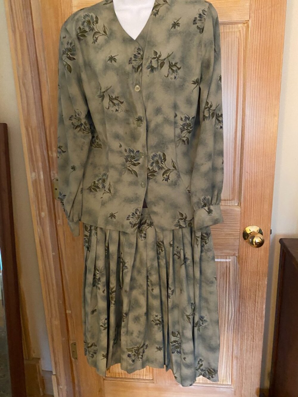 Jones of New York- Sage Green Blouse-Size10 & Pleated Skirt-Size 12-Polyester
